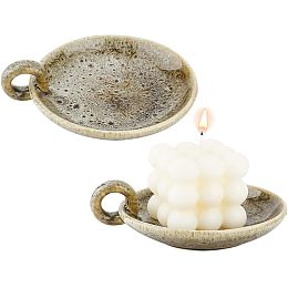 OLYCRAFT 2 Pcs Porcelain Plate Candle Holder Ceramic Candle Plate Holder Round Plate Candle Tray Decorative Candlestick Holder with Handle Dark Green for Wedding Home Spa Incense Decor 4.9x5.7 inch