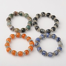 Honeyhandy Natural Gemstone Round Bead Stretch Bracelets, with Antique Silver Plated Alloy Bead Caps, Mixed Stone, 42mm