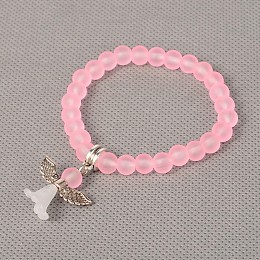 Honeyhandy Stretchy Frosted Glass Beads Kids Charm Bracelets for Children's Day, with Tibetan Style Acrylic Findings, Lovely Wedding Dress Angel Dangle, Antique Silver, Pink, 40mm