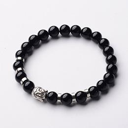 Honeyhandy Buddha Head Gemstone Beaded Stretch Bracelets, with Tibetan Style Beads and Brass Beads, Black Stone, 55mm