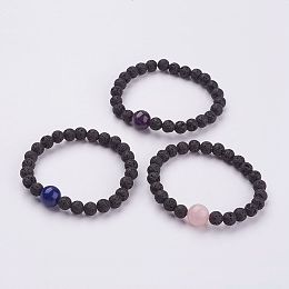 Honeyhandy Natural Lava Rock Beaded Stretch Bracelets, with Natural Mixed Stone Beads, 1-3/4 inch(45mm)