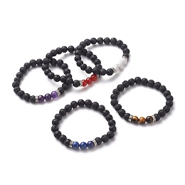 Honeyhandy Round Natural Lava Rock Beaded Stretch Bracelets, with Antique Silver Plated Alloy Spacer Beads and Natural Gemstone Beads, 2 inch(5.2cm)