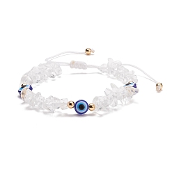 Honeyhandy Natural Quartz Crystal Chips & Resin Evil Eye Braided Bead Bracelet, Gemstone Adjustable Bracelet for Women, Inner Diameter: 2~3-1/2 inch(5~9cm)