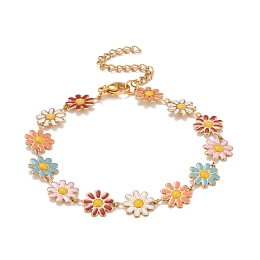 Honeyhandy Enamel Daisy Link Chains Bracelet, Vacuum Plating 304 Stainless Steel Jewelry for Women, Golden, Colorful, 7-1/4 inch(18.4cm)