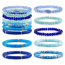 Honeyhandy 7Pcs 7 Style Handmade Polymer Clay Heishi Surfer Stretch Bracelets Set, Glass Beads Stackable Bracelets, Preppy Jewelry for Women, Blue, Inner Diameter: 2-1/8 inch(5.3cm), 1Pc/style