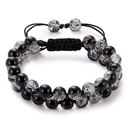 Sparkling Round Glass Braided Bead Bracelet, Double Layered Wrap Adjustable Bracelet for Women, Black, Inner Diameter: 2~3-1/8 inch(5~7.8cm)