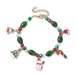 Christmas Tree & Snowman & Bell Alloy Enamel Charm Bracelets, Teardrop Glass Bracelets for Women, Golden, 7-5/8 inch(19.3cm)