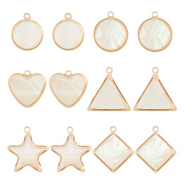 12Pcs 6 Styles Natural Shell Pendants, Geomatric Charms, with Golden Tone Alloy and Brass Findings, Flat Round & Star & Rhombus, Mixed Shapes, White, 14~18.5x12~17x2~5.5mm, Hole: 1.2~1.6mm, 2pcs/style