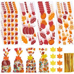 BENECREAT 100 Sets Autumn Maple Pumpkin Candy Bags, Rectangular Plastic Candy Bags, Thanksgiving Themed Candy Bags with 100pcs Maple Leaf Gift Tags for Party Gift Wrapping, 10.9x4.9inch