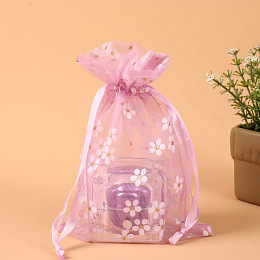 Honeyhandy Rectangle Organza Drawstring Bags, Embroidery Flower Pattern, Flamingo, 14x10cm