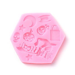 Honeyhandy Halloween Theme Food Grade Silicone Molds, Fondant Molds, For DIY Cake Decoration, Chocolate, Candy, UV Resin & Epoxy Resin Jewelry Making, Hexagon with Mixed Shape, Pink, 90x84x10mm