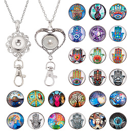 SUNNYCLUE 1 Box 24Pcs ID Badge Holder Snap Button Lanyard Necklace Making Kit 2Pcs Stainless Steel Necklace Chain Badge Lanyards Hamsa Hand Tree of Life Breakaway Charms Lanyards for ID Badges Adult