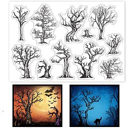 GLOBLELAND 11Styles Trees Background Silicone Clear Stamp Tree Without Leaves Transparent Silicone Stamp Halloween Rubber Stamp for Scrapbook Journal Card Making