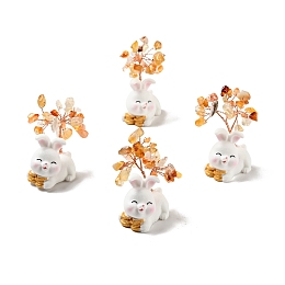 Honeyhandy Natural Agate Tree Display Decorations, Resin Rabbit Base Feng Shui Ornament for Wealth, Luck, Rose Gold, 26x42~49x62~64mm