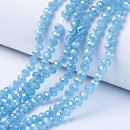 Honeyhandy Electroplate Glass Beads Strands, Imitation Jade Beads, Pearl Luster Plated, Faceted, Rondelle, Light Sky Blue, 6x5mm, Hole: 1mm, about 87~90pcs/strand, 17~17.5 inch(42.5~43.75cm)