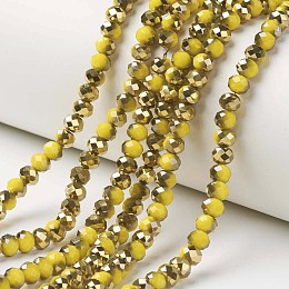 Honeyhandy Electroplate Opaque Glass Beads Strands, Half Golden Plated, Faceted, Rondelle, Yellow, 6x5mm, Hole: 1mm, about 92~94pcs/strand, 17~17.5 inch(42.5~43.75cm)