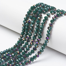 Arricraft Electroplate Opaque Glass Beads Strands, Half Purple Plated, Faceted, Rondelle, Dark Green, 8x6mm, Hole: 1mm; about 72pcs/strand, 16.14 inches(41cm)