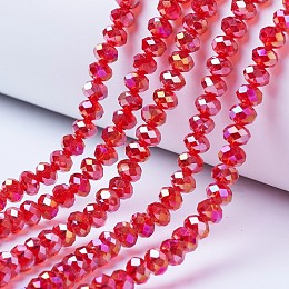 Honeyhandy Electroplate Glass Beads Strands, AB Color Plated, Faceted, Rondelle, Red, 10x8mm, Hole: 1mm, about 65~66pcs/strand, 20.8~21.2 inch(53~54cm)