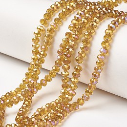 Honeyhandy Electroplate Transparent Glass Beads Strands, Full Rainbow Plated, Faceted, Rondelle, Goldenrod, 3x2mm, Hole: 0.8mm, about 150~155pcs/strand, 15~16 inch(38~40cm)