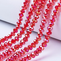 Honeyhandy Electroplate Glass Beads Strands, AB Color Plated, Faceted, Rondelle, Red, 4x3mm, Hole: 0.4mm, about 123~127pcs/strand, 16.5~16.9 inch(42~43cm)