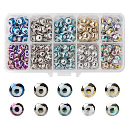 Arricraft 10 Colors Electroplate Glass Beads, Round with Evil Eye Pattern, Mixed Color, 185pcs/box