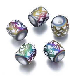 Honeyhandy Electroplate Glass Beads, Frosted, Column with Triangle Pattern, Colorful, 11.5x11.5mm, Hole: 2.5mm, about 100pcs/bag