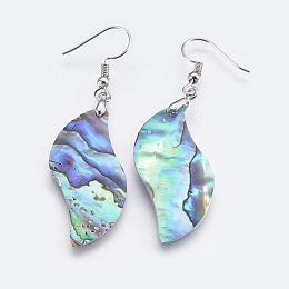 Honeyhandy Abalone Shell/Paua Shell Dangle Earrings, with Brass Findings, Platinum, 60.5~61mm, Pin: 0.7mm