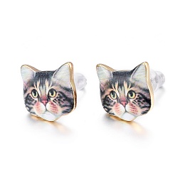 Honeyhandy Real 14K Gold Plated Alloy Kitten Stud Earrings, with Enamel and Environment Stainless Steel Pin, Printed, Cat Pattern, Light Grey, 10~10.5x10.5~11mm, pin: 0.7mm