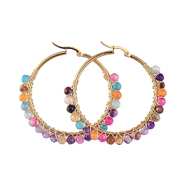 Honeyhandy Beaded Hoop Earrings, with with Natural Agate Beads, Golden Plated 304 Stainless Steel Hoop Earrings, 50mm, Pin: 0.6x1mm