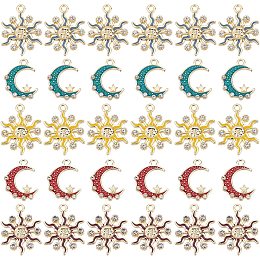 BENECREAT 30Pcs Sun and Moon with Star Alloy Enamel Pendants, 5 Style Light Gold Jewelry Making Charms with Crystal Rhinestone for DIY Crafting Making Supplies