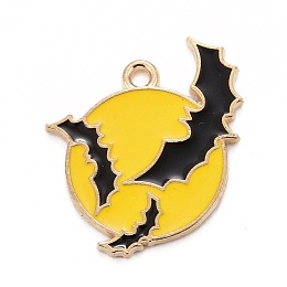 Honeyhandy Halloween Alloy Enamel Pandants, Light Gold, Flat Round with Bat, Gold, 24x21.5x1.5mm, Hole: 1.8mm