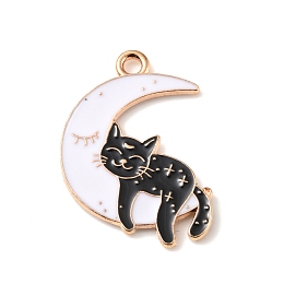 Honeyhandy Alloy Enamel Pendants, Light Gold, Cat Charm, Moon, 26x20x1mm, Hole: 2mm