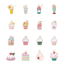 Fashewelry 64Pcs 16 Style Light Gold Alloy Enamel Pendants, Jewelry Accessory, Cake & Bubble Tea & Drink & Juice & Milk Tea & Ice Cream & Milkshake & Soda Cans, Mixed Color, 4pcs/style