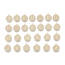 Golden Plated Alloy Enamel Charms, Enamelled Sequins, Flat Round with Alphabet, Letter A~Z, Turquoise, PeachPuff, 14x12x2mm, Hole: 1.5mm; 26pcs/set