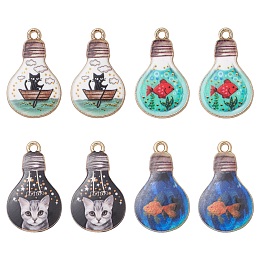 Honeyhandy 8Pcs 4 Style Alloy Enamel Pendants, Light Gold, Light Bulb, Mixed Color, 25x15x1.5~1.8mm, Hole: 1.6~1.8mm, 2pcs/style