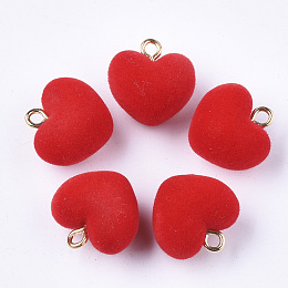 Honeyhandy Flocky Acrylic Pendants, with Brass Loops, Heart, Golden, Red, 18.5x18x13mm, Hole: 2.5mm