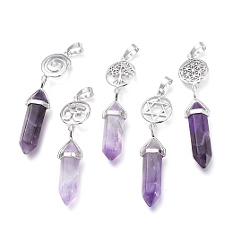 Honeyhandy Natural Amethyst Pointed Big Pendants, Double Terminated Pointed, with Platinum Plated Brass Findings, Faceted, Bullet, 59~67x14~15mm, Hole: 7x5mm, Gemstone: 41~44x8mm