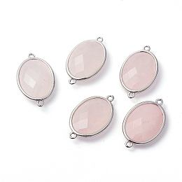 Honeyhandy Platinum Tone Brass Rose Quartz Links connectors, Faceted, Oval, 26.5x15x6mm, Hole: 1~2mm