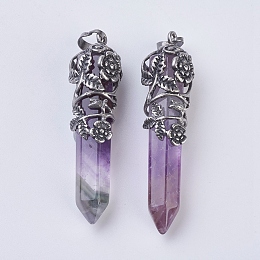 Honeyhandy Natural Amethyst Pointed Pendants, with Antique Silver Plated Brass Findings, Faceted, Bullet, Flower, 58~61x15~17mm, Hole: 5x7mm