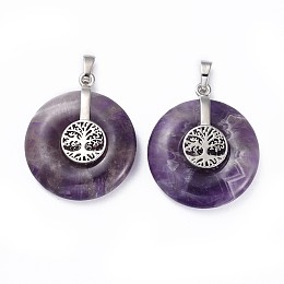 Honeyhandy Natural Amethyst Pendants, with Platinum Tone Brass Findings, Donut/Pi Disc with Tree of Life, 35.5x30x8.5~9.5mm, Hole: 4.5x6.5mm