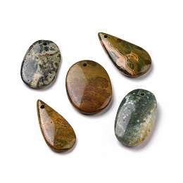 Natural Ocean Jasper Pendants, Mixed Teardrop & Oval Charm, 27.5~43.5x15.5~29x4.5~11.5mm, Hole: 2~2.6mm