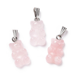 Honeyhandy Natural Rose Quartz Pendants, with Stainless Steel Color Tone 201 Stainless Steel Findings, Bear, 27.5mm, Hole: 2.5x7.5mm, Bear: 21x11x6.5mm