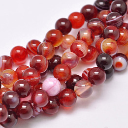 Honeyhandy Natural Striped Agate/Banded Agate Bead Strands, Dyed & Heated, Round, Grade A, FireBrick, 8mm, Hole: 1mm, about 48pcs/strand, 15.1 inch(385mm)