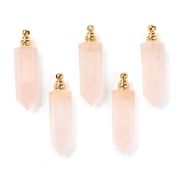 Honeyhandy Faceted Natural Rose Quartz Pendants, Openable Perfume Bottle, with Golden Tone Brass Findings, Bullet, 46~47x13~14x11~12mm, Hole: 7mm, capacity: 1ml(0.03 fl. oz)