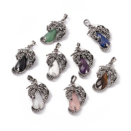 Honeyhandy Natural & Synthetic Mixed Gemstone Pendants, Faceted Teardrop Charms with Rack Plating Antique Silver Tone Brass Dragon, Cadmium Free & Lead Free, 39x23x8.5mm, Hole: 8x5mm