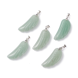 Honeyhandy Natural Green Aventurine Pendants, with Platinum Plated Brass Loops, Wing, 36x15~16.6x6.5~7.7mm, Hole: 5x4mm