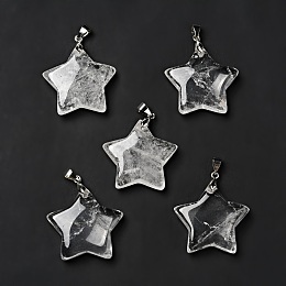 Honeyhandy Natural Quartz Crystal Pendants, with Platinum Tone Brass Findings, Star Charm, 29x30x8mm, Hole: 6x4mm