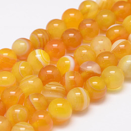 Honeyhandy Natural Striped Agate/Banded Agate Bead Strands, Round, Grade A, Dyed & Heated, Gold, 10mm, Hole: 1mm, about 37~38pcs/strand, 14.5 inch