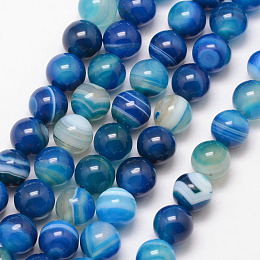 Honeyhandy Natural Striped Agate/Banded Agate Bead Strands, Round, Grade A, Dyed & Heated, Deep Sky Blue, 6mm, Hole: 1mm, about 61pcs/strand, 15 inch