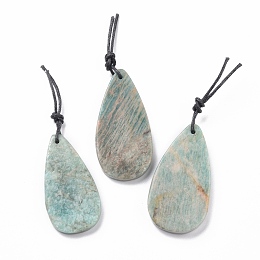 Honeyhandy Natural Flower Amazonite Big Pendants, with Leather Strap, Teardrop, 50~57x27~30x7~7.5mm, Hole: 2mm